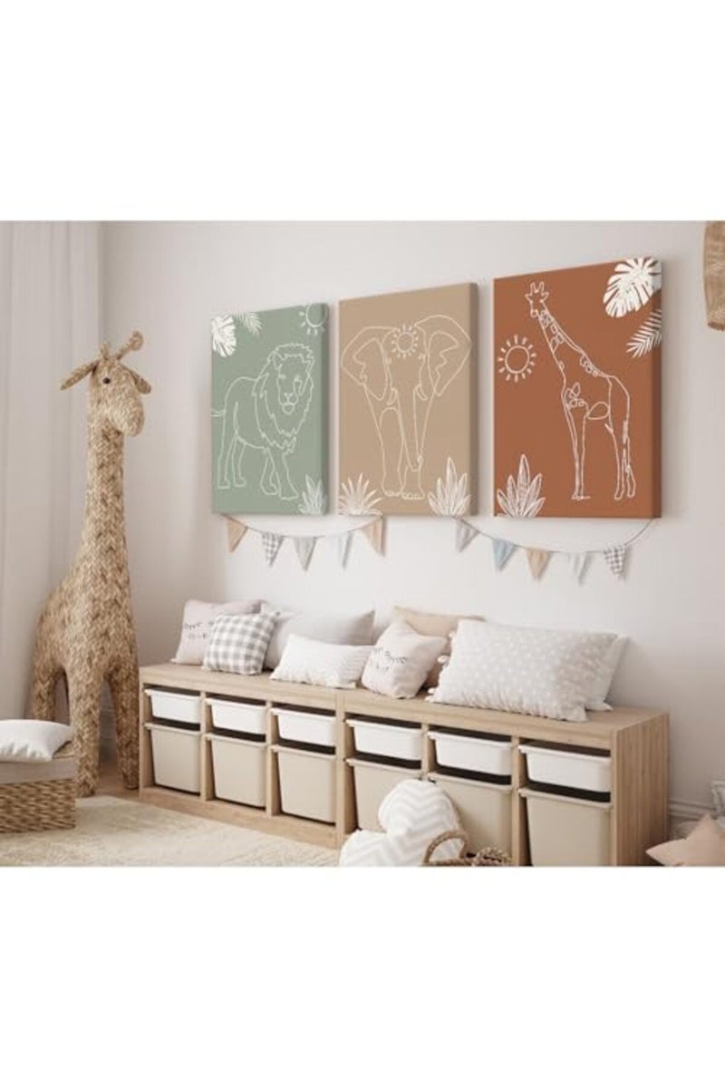 Youillne ALAYRA Safari Nursery Wall Art Pictures Baby Animal Canvas Wall Decor Boho Jungle Wall Art Kids Minimalist Poster Elephant Giraffe Lion Prints Nursery Safari Artwork for Bedroom 12x16 Wrapped Canvas Set of 3 - Image 3