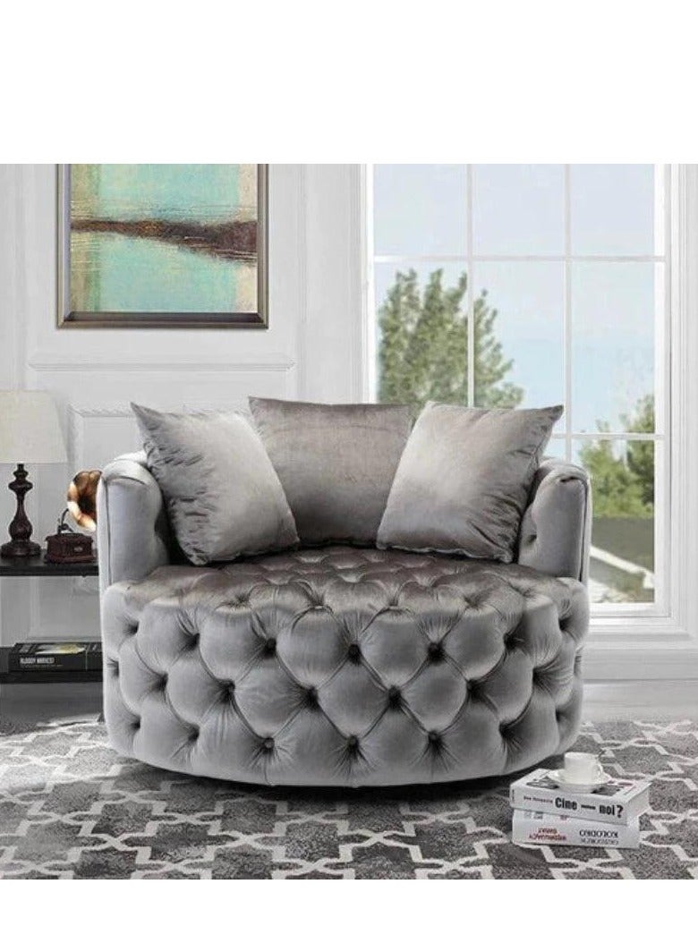 وودن تويست أريكة مستديرة حديثة بتصميم معنقدة على شكل زر برميل لغرفة المعيشة مع 3 وسائد (رمادي) - Image 1