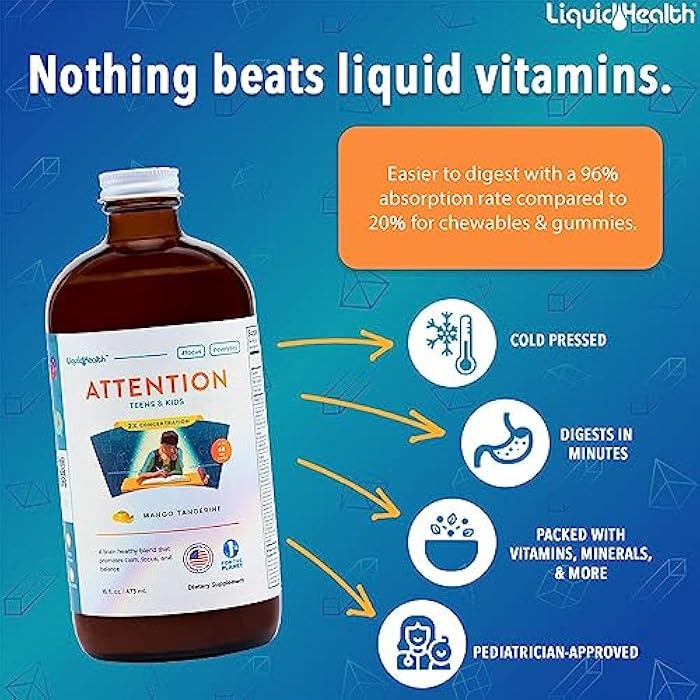 LIQUIDHEALTH Attention Liquid Multivitamin for Kids & Teens - Improves Memory Retention, Concentration, Focus, Mood, Relaxation & Calming - Made in the USA, Great Taste, Vegan, Sugar-Free (16 oz) - Image 2