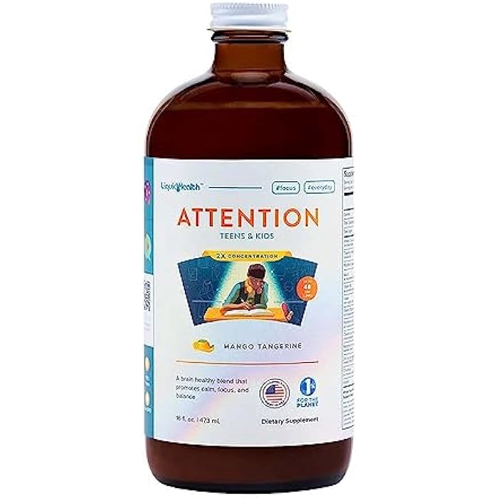 LIQUIDHEALTH Attention Liquid Multivitamin for Kids & Teens - Improves Memory Retention, Concentration, Focus, Mood, Relaxation & Calming - Made in the USA, Great Taste, Vegan, Sugar-Free (16 oz) - Image 1