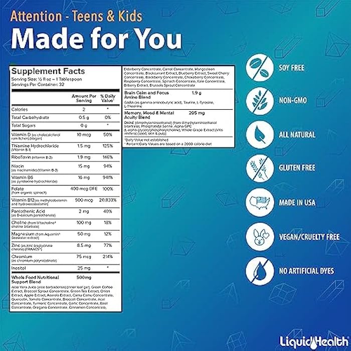 LIQUIDHEALTH Attention Liquid Multivitamin for Kids & Teens - Improves Memory Retention, Concentration, Focus, Mood, Relaxation & Calming - Made in the USA, Great Taste, Vegan, Sugar-Free (16 oz) - Image 5