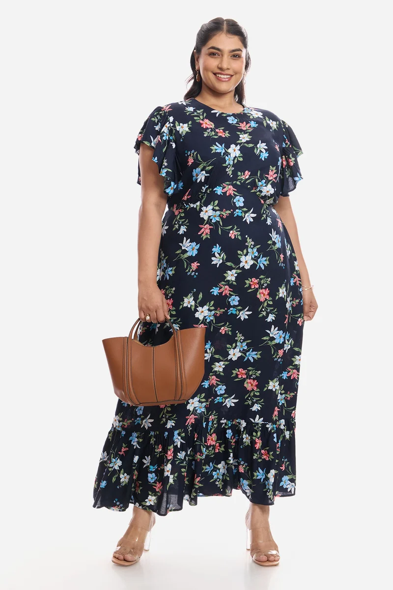 فيرجيو Floral Viscose Frill Sleeve Midi Plus Size Dress for Women
