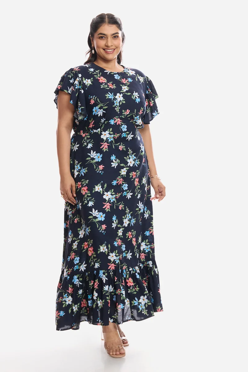 فيرجيو Floral Viscose Frill Sleeve Midi Plus Size Dress for Women