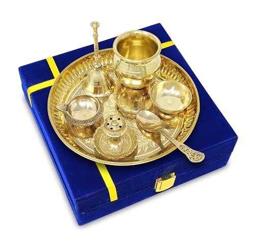 BENGALEN Brass Pooja Thali Set with Grey Gift Box 6 Inch Pital Plate Kalash Spoon Chandan Wati Dhup Dan Kuber Diya Ghanti Puja Arti Thali for Diwali Home Office Mandir Wedding Return Gifts - Image 5