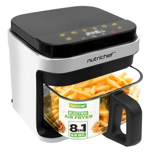 NutriChef قلاية هوائية نوتريشيف سعة 5.8 لتر | 8-1 أوضاع طهي مسبقة | وعاء قلي شفاف للحصول على أفضل نتائج الطهي | اطبخ الروبيان، الستيك، البطاطس المقلية، الأجنحة، الدجاج والمزيد | تحكم دقيق في درجة الحرارة والوقت | أبيض - Image 1