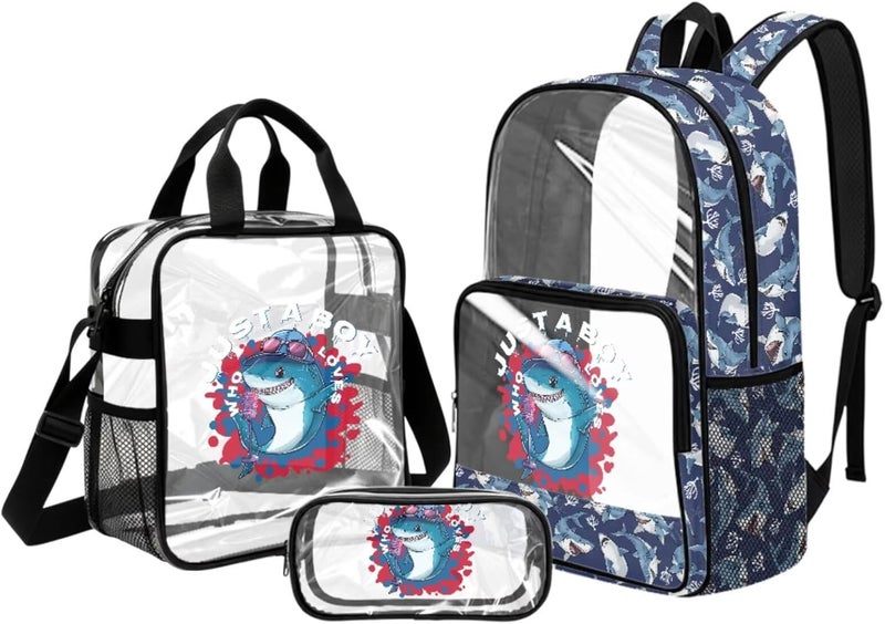 HUIACONG Boys Shark Clear Backpack for 5th 6th 7th and 8th Grade Just a Boy Who Loves Shark 3 PCS Large PVC Transparent Backpack with Lunch Bag - Image 1