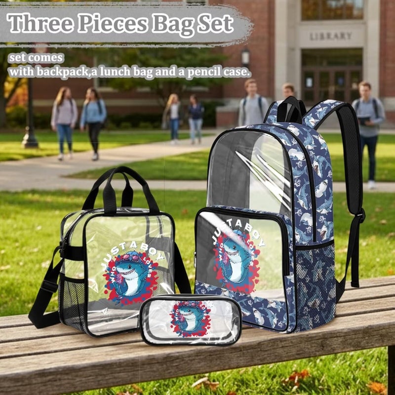 HUIACONG Boys Shark Clear Backpack for 5th 6th 7th and 8th Grade Just a Boy Who Loves Shark 3 PCS Large PVC Transparent Backpack with Lunch Bag - Image 3
