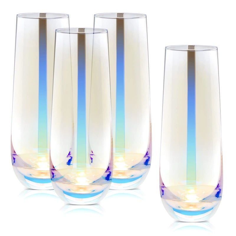 Sparkle and Bash Sparkle and Bash 4 Pack Iridescent Champagne Flutes Stemless Wine Glasses for Cocktails Mimosas Bars 10 oz  Mimosa Glasses Set of 4  Stemless Mimosa Glasses  Iridescent Flute Glasses 