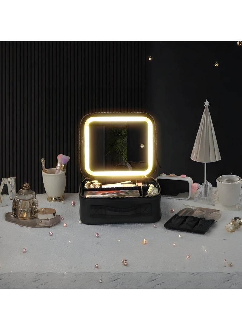 GREEN LION Makeup Organizer with Lighted Mirror / 3-Mode Lights / 4K Mirror / 72 LED Beads / Adjustable Partition / Waterproof / Handle / Chic Design / Considerable Battery Capacity - Black  - Image 2