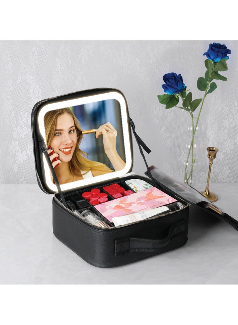 GREEN LION Makeup Organizer with Lighted Mirror / 3-Mode Lights / 4K Mirror / 72 LED Beads / Adjustable Partition / Waterproof / Handle / Chic Design / Considerable Battery Capacity - Black  - Image 3