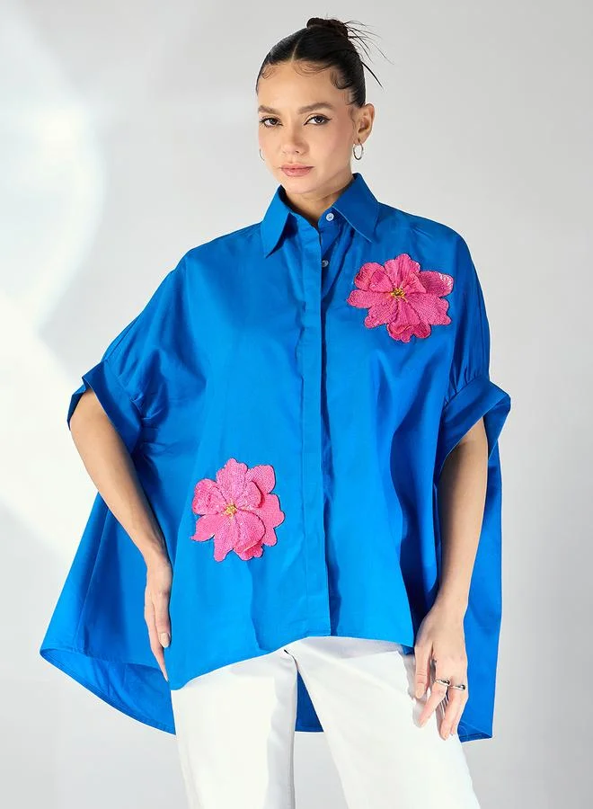 Uptownie Blue Floral Sequined Oversized Shirt