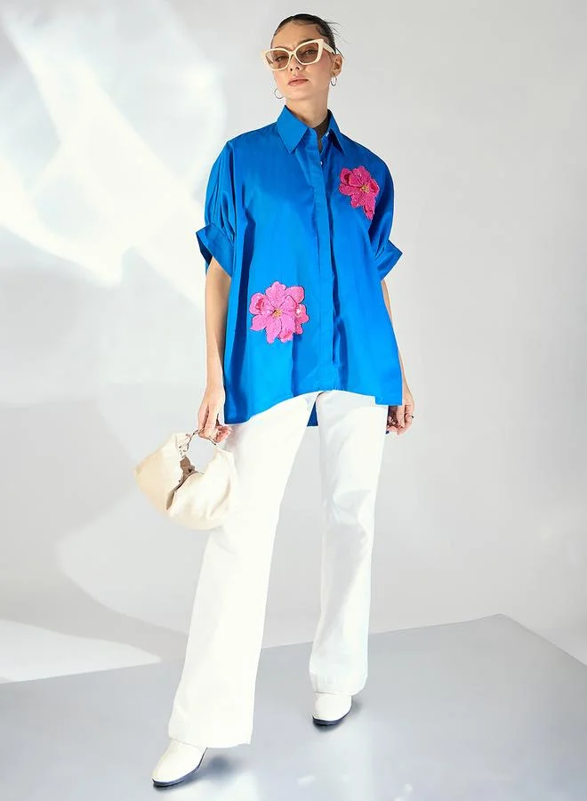 Uptownie Blue Floral Sequined Oversized Shirt