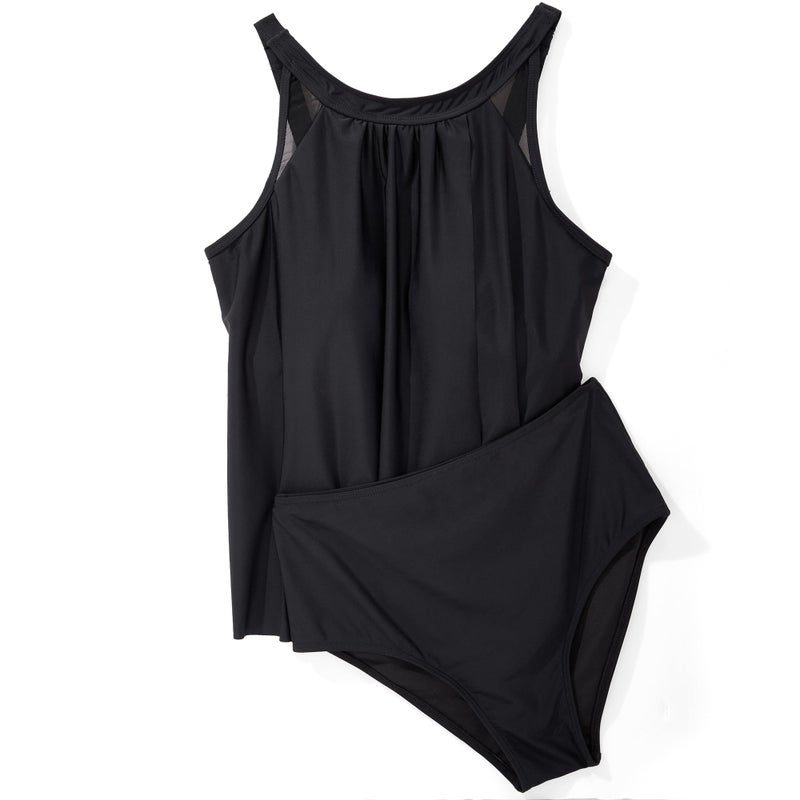 SUUKSESS Women Slimming Tummy Control Tankini Bathing Suits Ruffle High Waisted High Neck 2 Piece Swimsuits(Black,L) - Image 2