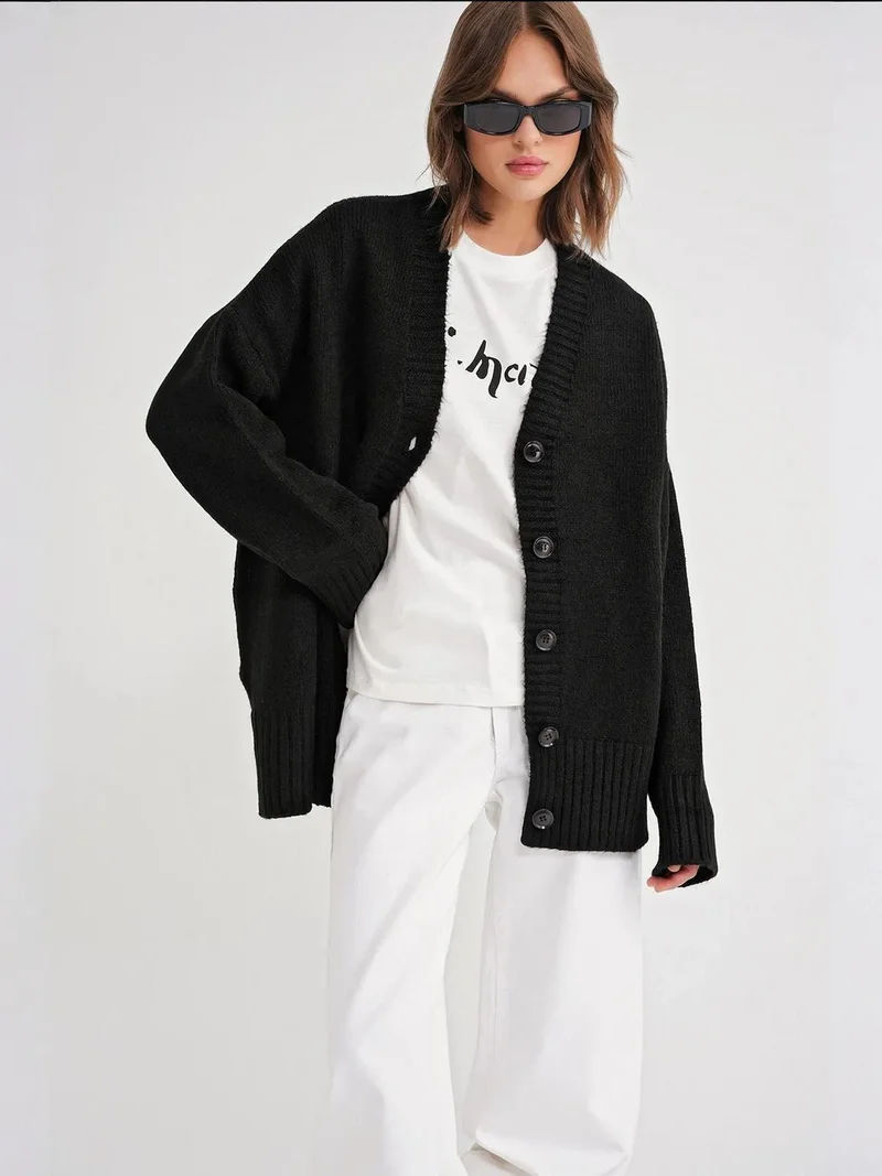 MixRay Mixray Buttoned V-Neck Ribbed Knit Cardigan