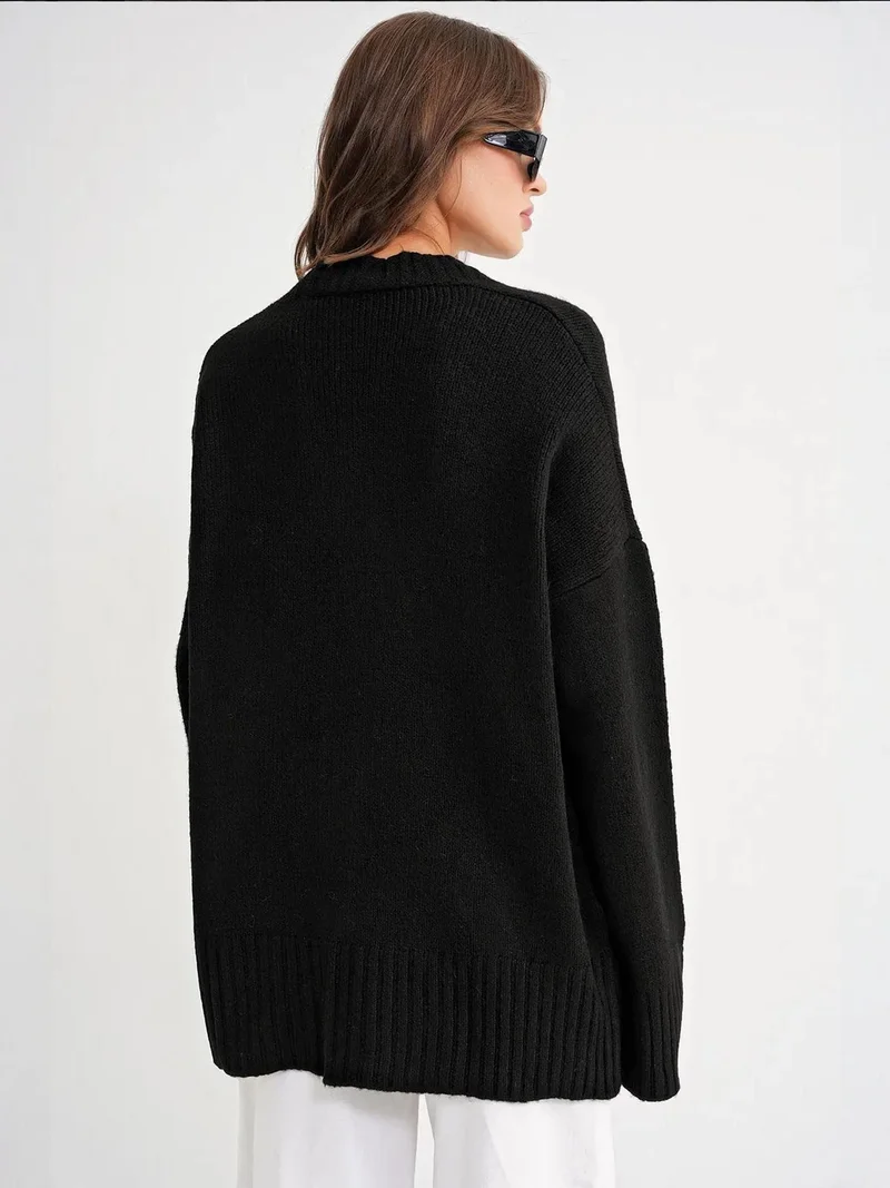 Mixray Black Mixray Buttoned V-Neck Ribbed Knit Cardigan for Women | Best Price UAE