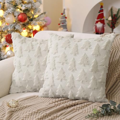 DFXSZ Christmas Tree Pillow Covers 18x18 inch Set of 2 Christmas Decoration Cream White Soft Plush Faux Fur Jacquard Throw Pillows for Bedroom Sofa Holiday Festivals Winter Home Decor PTK006E18 - Image 1