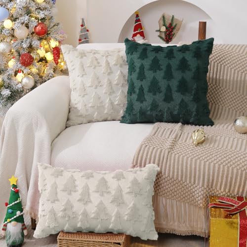 DFXSZ Christmas Tree Pillow Covers 18x18 inch Set of 2 Christmas Decoration Cream White Soft Plush Faux Fur Jacquard Throw Pillows for Bedroom Sofa Holiday Festivals Winter Home Decor PTK006E18 - Image 3