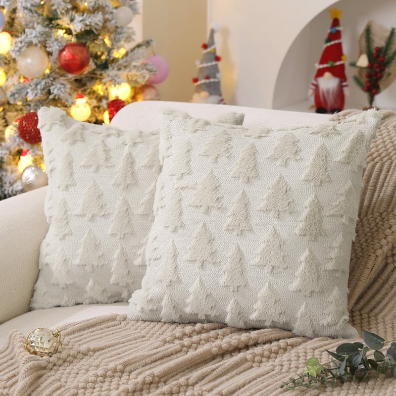 DFXSZ Christmas Tree Pillow Covers 18x18 inch Set of 2 Christmas Decoration Cream White Soft Plush Faux Fur Jacquard Throw Pillows for Bedroom Sofa Holiday Festivals Winter Home Decor PTK006E18 - Image 2