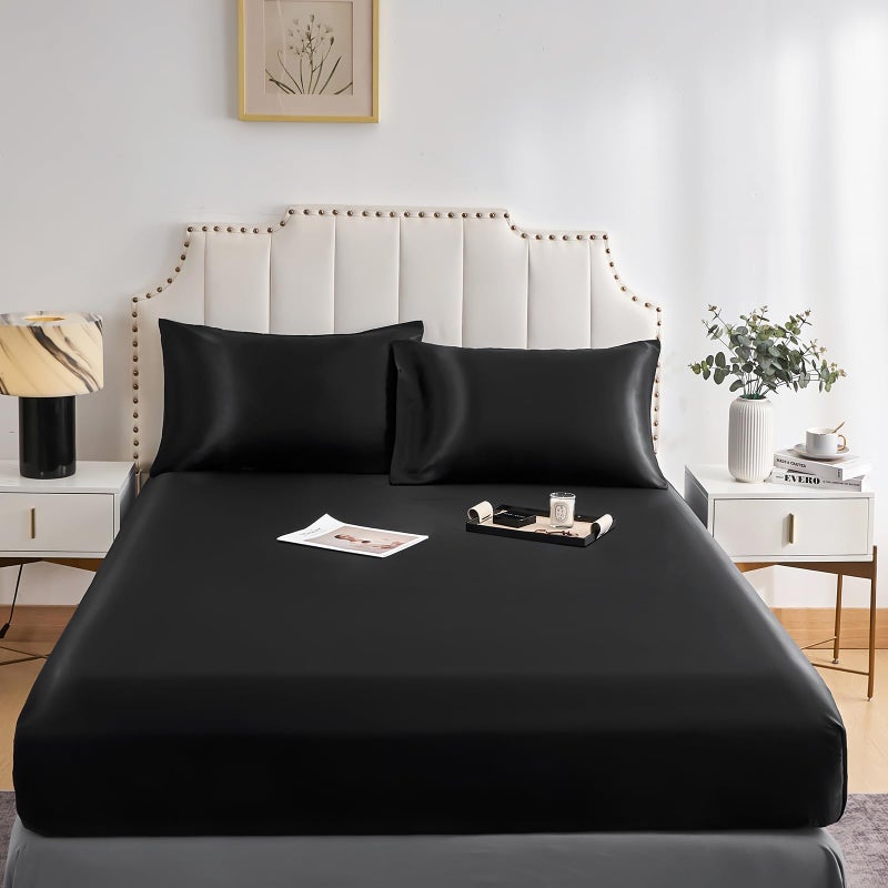 DuShow Fitted SheetDeep Pocket Satin Silky Bed SheetBreathable Soft and ComfortableWrinkleFadeSatin and Abrasion ResistantKingBlack