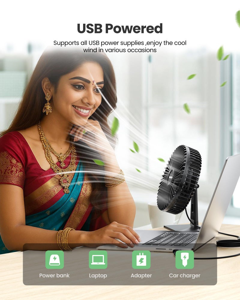 Gaiatop مروحة طاولة صغيرة من Gaiatop، 6.5 بوصة فائقة الهدوء، تعديل 90° لتبريد أفضل، 3 سرعات مروحة مكتبية صغيرة محمولة قوية، مروحة تبريد شخصية صغيرة للمنازل والمكاتب (ورقة سوداء) - Image 3