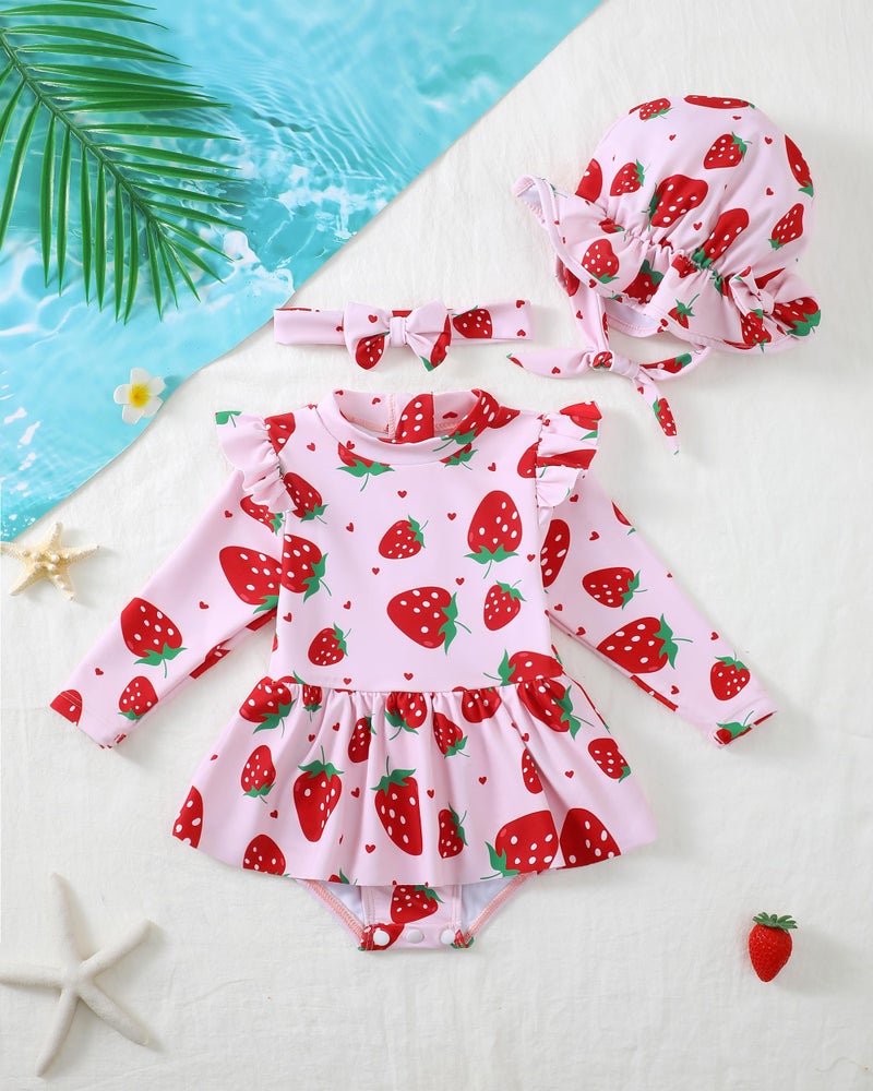 Renotemy Baby Girls Swimsuit 12-18 Months Long Sleeve One-Piece 12 Month Swimsuit Girl Pink Strawberry Bathing Suit with Hat Rash Guard Swimsuits Ruffle Swim Suits Baby Beach Essentials Swimwear - Image 2