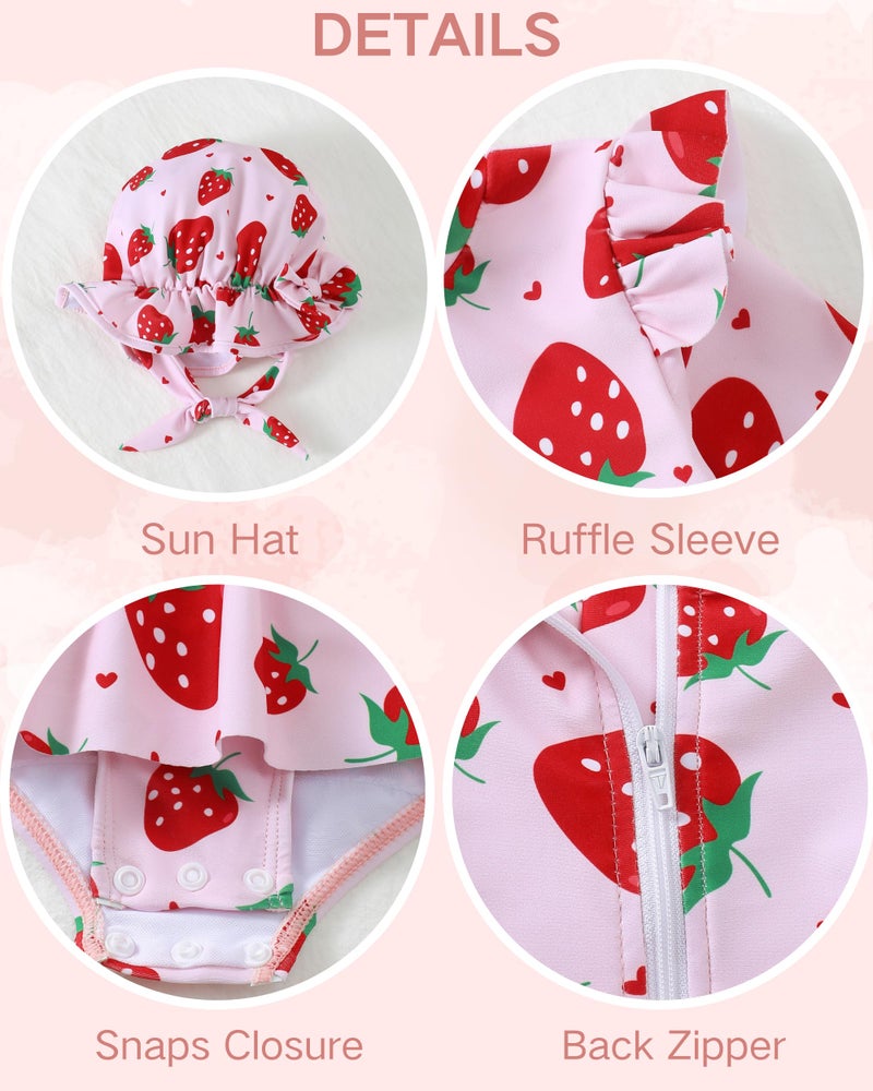 Renotemy Baby Girls Swimsuit 12-18 Months Long Sleeve One-Piece 12 Month Swimsuit Girl Pink Strawberry Bathing Suit with Hat Rash Guard Swimsuits Ruffle Swim Suits Baby Beach Essentials Swimwear - Image 5