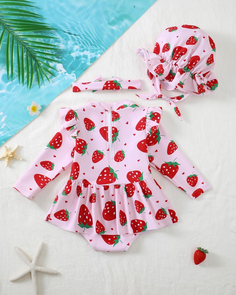Renotemy Baby Girls Swimsuit 12-18 Months Long Sleeve One-Piece 12 Month Swimsuit Girl Pink Strawberry Bathing Suit with Hat Rash Guard Swimsuits Ruffle Swim Suits Baby Beach Essentials Swimwear - Image 4