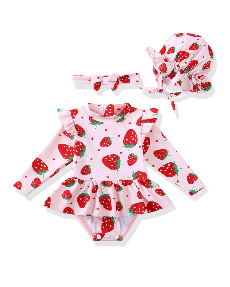 Renotemy Baby Girls Swimsuit 12-18 Months Long Sleeve One-Piece 12 Month Swimsuit Girl Pink Strawberry Bathing Suit with Hat Rash Guard Swimsuits Ruffle Swim Suits Baby Beach Essentials Swimwear - Image 3