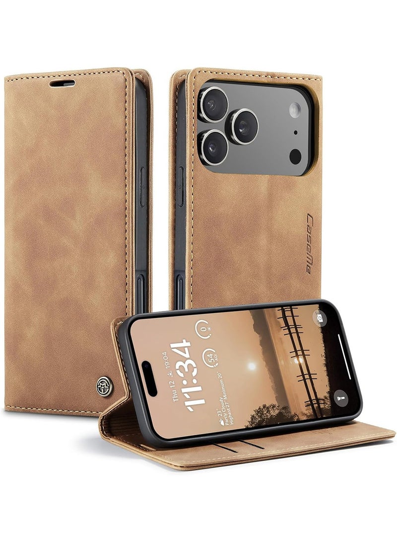جراب محفظة جلد PU عتيق قابل للطي مع حامل بطاقات، إغلاق مغناطيسي، غطاء مقاوم للصدمات بمسند لهاتف iPhone 17 Pro - بني - Image 1