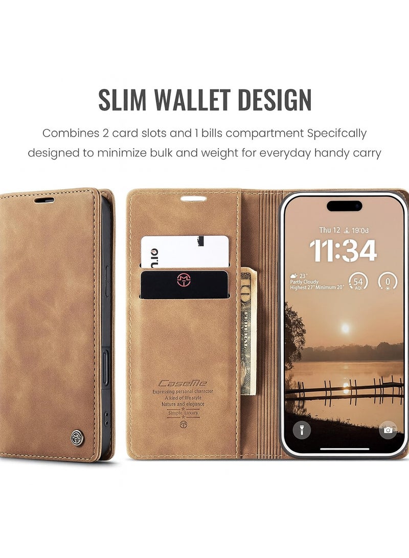 جراب محفظة جلد PU عتيق قابل للطي مع حامل بطاقات، إغلاق مغناطيسي، غطاء مقاوم للصدمات بمسند لهاتف iPhone 17 Pro - بني - Image 2