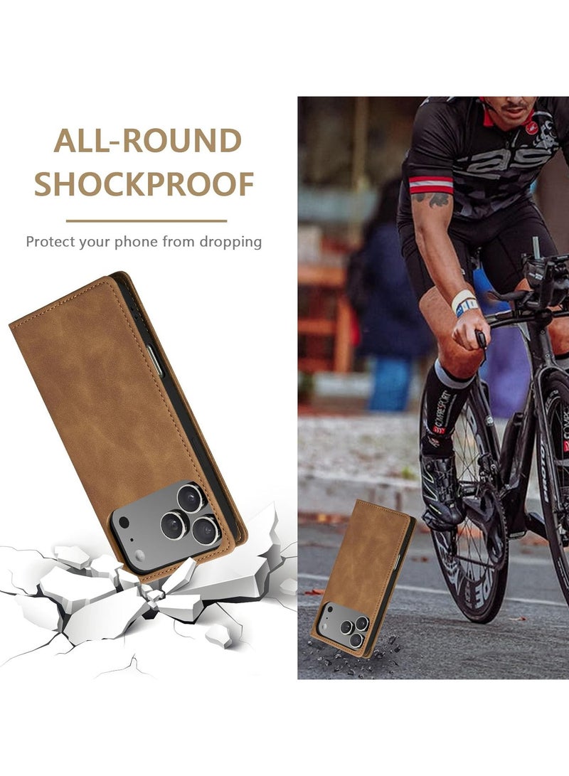 جراب محفظة جلد PU عتيق قابل للطي مع حامل بطاقات، إغلاق مغناطيسي، غطاء مقاوم للصدمات بمسند لهاتف iPhone 17 Pro - بني - Image 3