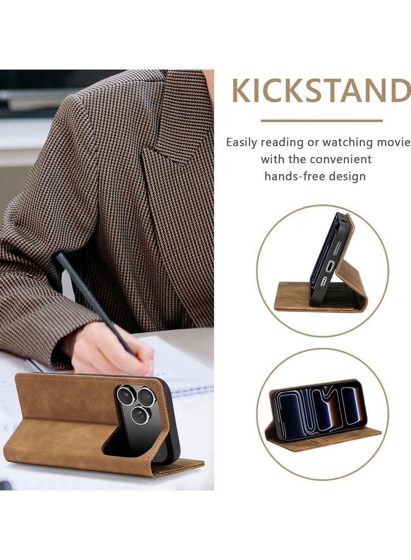 جراب محفظة جلد PU عتيق قابل للطي مع حامل بطاقات، إغلاق مغناطيسي، غطاء مقاوم للصدمات بمسند لهاتف iPhone 17 Pro - بني - Image 4