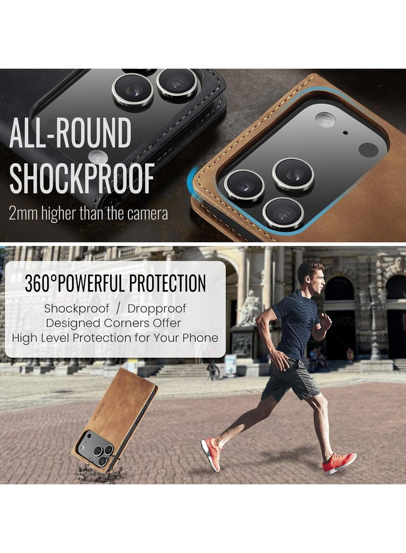 جراب محفظة جلد PU عتيق قابل للطي مع حامل بطاقات، إغلاق مغناطيسي، غطاء مقاوم للصدمات بمسند لهاتف iPhone 17 Pro - بني - Image 5