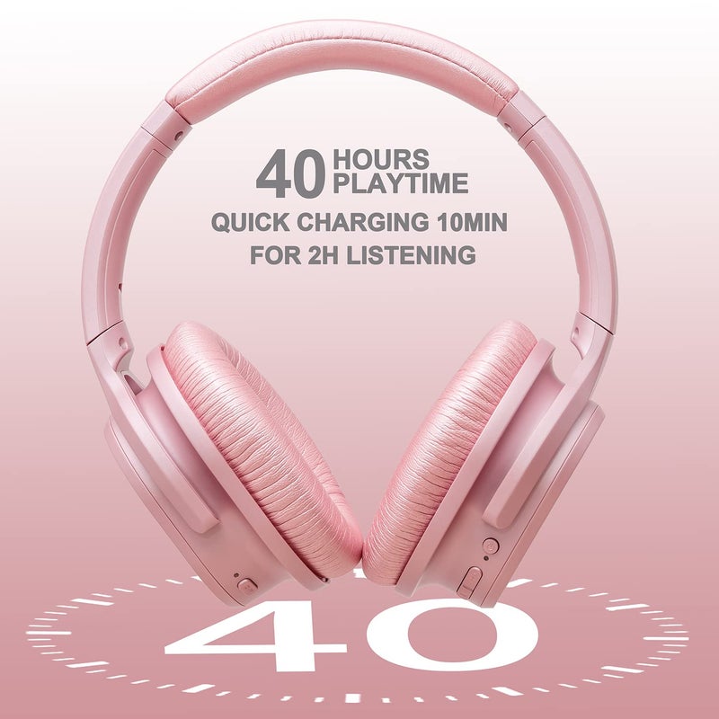 ZIHNIC Active Noise Cancelling Headphones, 40H Playtime Wireless Bluetooth Headset with Deep Bass Hi-Fi Stereo Sound,Comfortable Earpads for Travel/Home/Office (Rose Gold) - Image 3