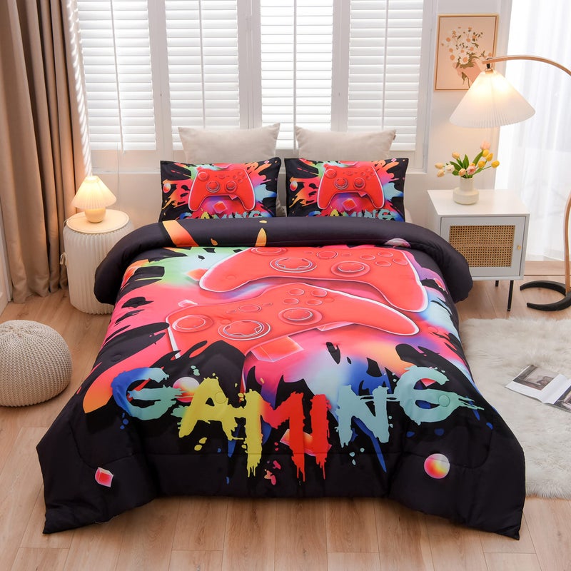 Aimuan Gaming Comforter Sets for Boys Kids Bedding Sets Video Games Console Action Buttons Novelty Colorful Game Gamepad Controller Modern Gamer Room Decor Home Quilt Set Twin Black