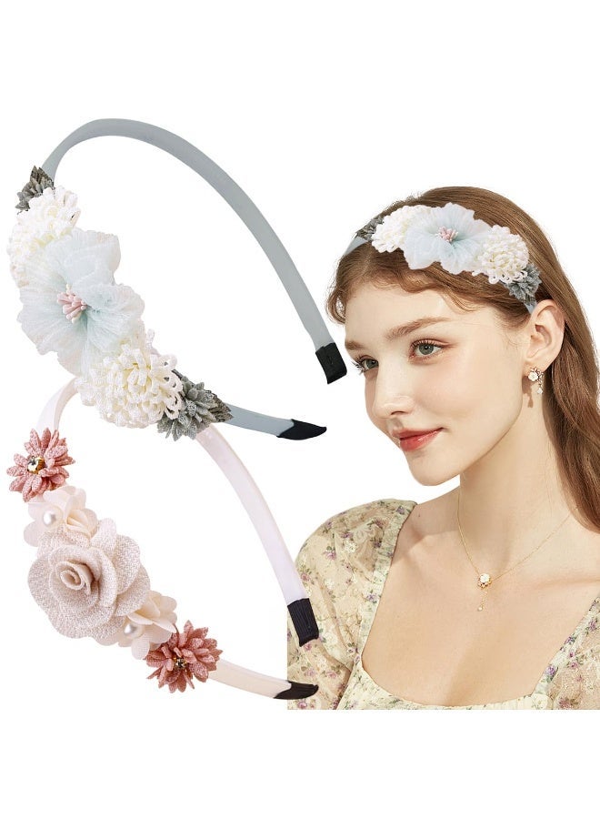 2 PCS Flower Headband Rose Flowers Hair Bands Flower Girl Headpiece Flower Crown Boho Flower Headband Blue White Floral Headbands Non Slip Head Band Spring Summer Hair Accessories for Women Girls - Image 1