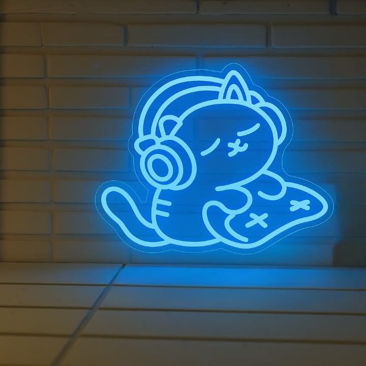 Horoof Home Cat Gaming Neon LED Wall Light - 30.5x33cm Blue Acrylic Decor for Gamers and Cat Lovers - Image 1