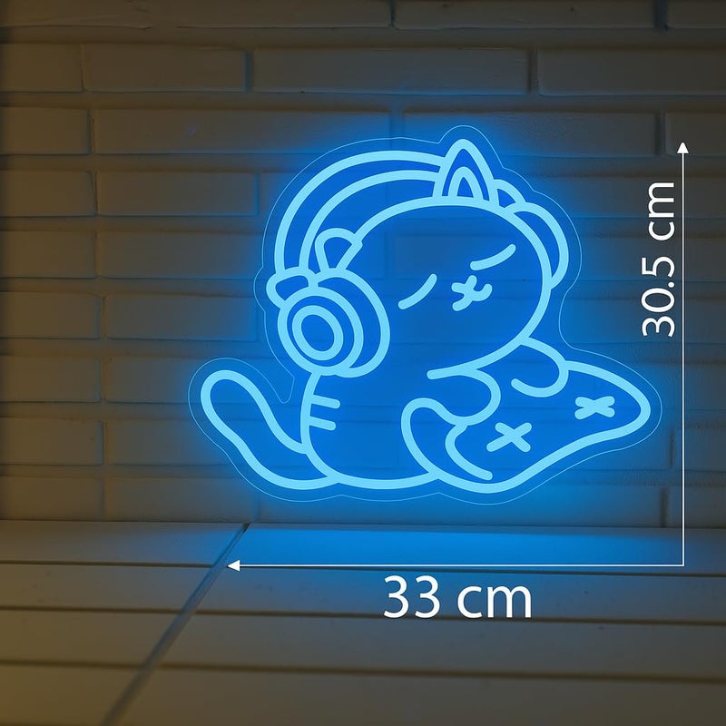 Horoof Home Cat Gaming Neon LED Wall Light - 30.5x33cm Blue Acrylic Decor for Gamers and Cat Lovers - Image 2