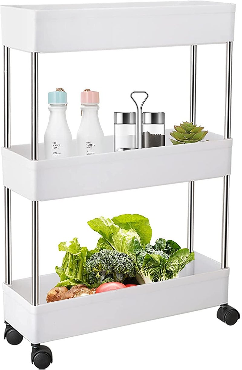 HOME CUBE ABS Plastic 3 Layer , Rolling Utility Cart Slide Out , Narrow Kitchen Storage Trolley Rack Storage Organizer with Caster Wheels - White - Image 1