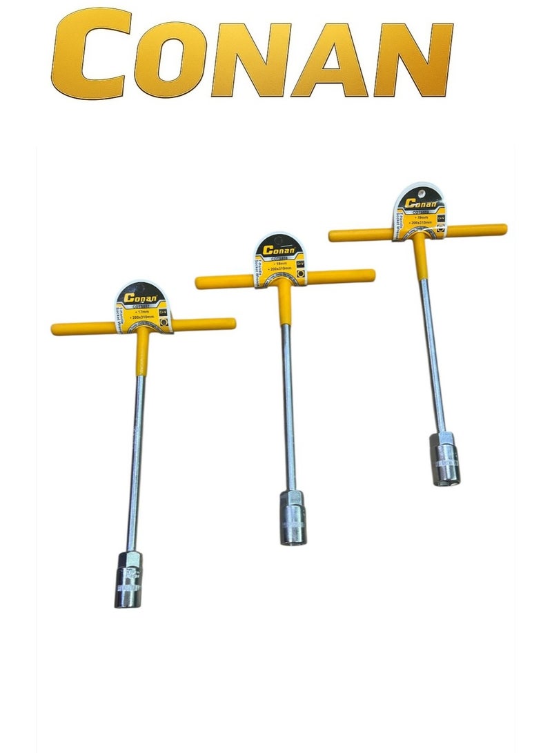 CONAN 3-Piece T-Handle Socket Wrench Set – Sizes 17mm + 18mm + 19mm – Long Shaft 200×310mm – Chrome-Vanadium Cr-V Steel – Models COTS817 / COTS818 / COTS819 - Image 1