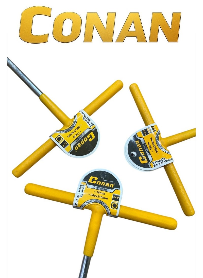 CONAN 3-Piece T-Handle Socket Wrench Set – Sizes 17mm + 18mm + 19mm – Long Shaft 200×310mm – Chrome-Vanadium Cr-V Steel – Models COTS817 / COTS818 / COTS819 - Image 4