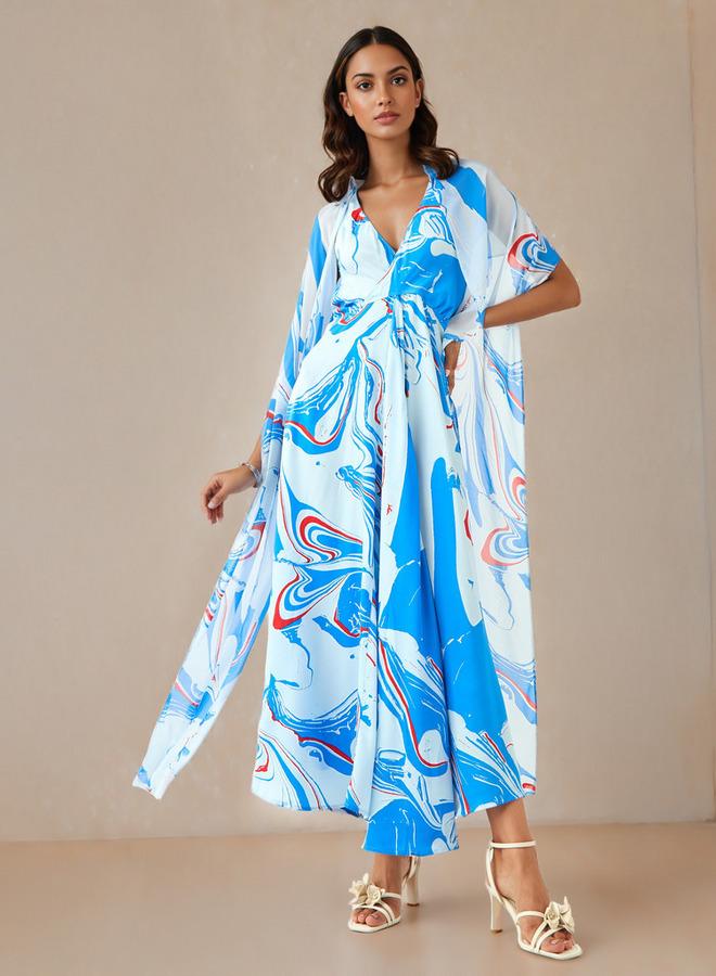 ايكونيك فستان بدون أكمام بياقة على شكل حرف  وطبعة تجريدية أيقونية مع وشاح - Image 1