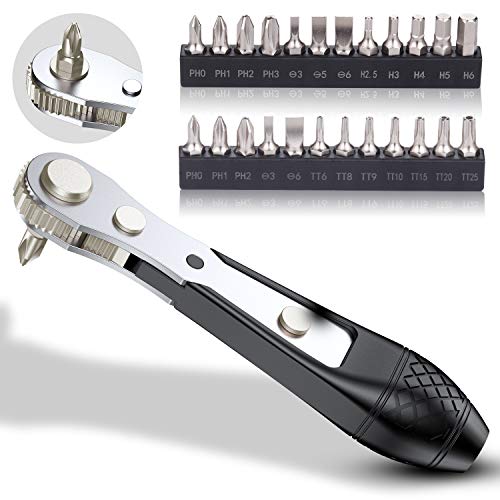 GreaTalent 25in1 S2 Steel Mini Ratchet Wrench Screwdriver Bit Set with 1/4" Hex Drive Phillips/Slotted/Hexagon/Torx Bits, 36-Tooth Gear, Magnetic Bit Holder, 90 Degree Offset Reversible - Image 1