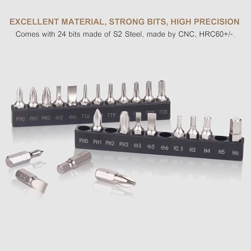 GreaTalent 25in1 S2 Steel Mini Ratchet Wrench Screwdriver Bit Set with 1/4" Hex Drive Phillips/Slotted/Hexagon/Torx Bits, 36-Tooth Gear, Magnetic Bit Holder, 90 Degree Offset Reversible - Image 2