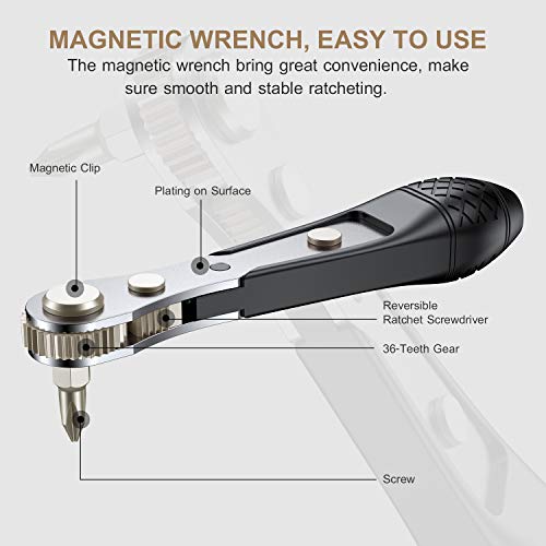 GreaTalent 25in1 S2 Steel Mini Ratchet Wrench Screwdriver Bit Set with 1/4" Hex Drive Phillips/Slotted/Hexagon/Torx Bits, 36-Tooth Gear, Magnetic Bit Holder, 90 Degree Offset Reversible - Image 4