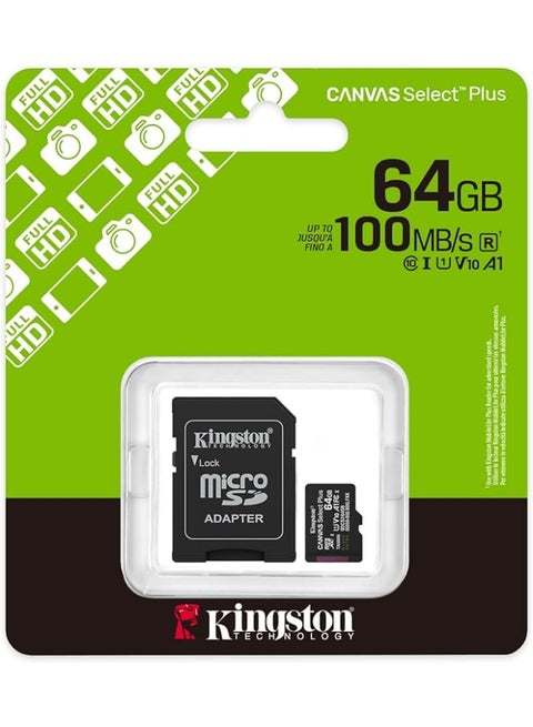 بطاقة الذاكرة Kingston Canvas Select Plus microSD سعة 64 جيجابايت microSDXC الجيل 3 100 ميجابايت/ثانية A1 + محول - SDCS3/64GB