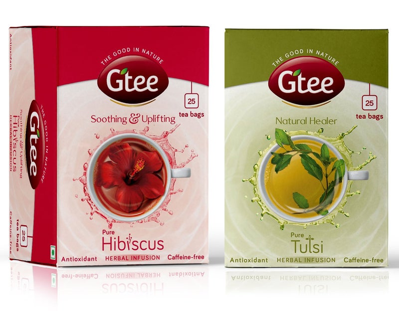 GTEE Hibiscus Tea Bags & Tulsi Tea Bags, 25 Tea bags (Pack of 2) - Image 1