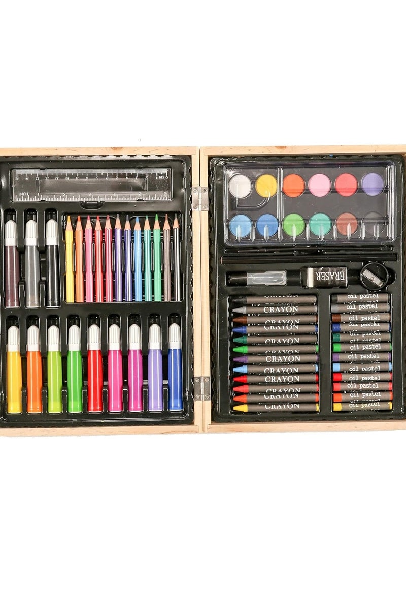 شنطة الرسم الالوان مجموعة الرسم للأطفال مجموعة فنون 68 قطعة، في حقيبة حمل خشبية، تتضمن  ألوان خشبية  وفلوماستر وشمع  ومائية للتلوين والرسم، أدوات مكتبية للتعبير الإبداعي والأنشطة الفنية - Image 2