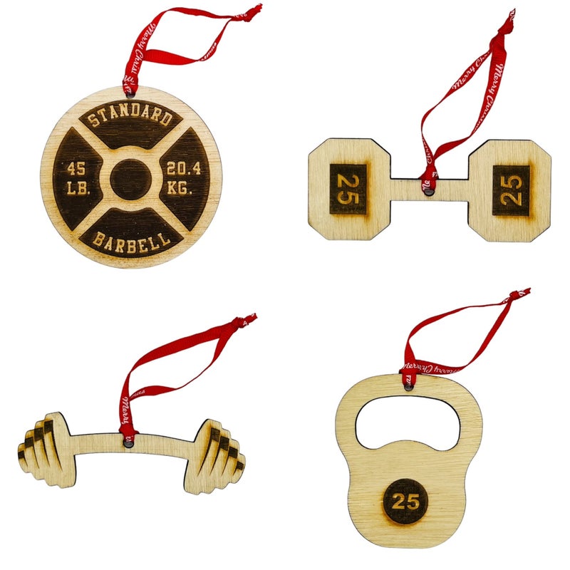MICRO GAINZ GAIN MUSCLE 1LB AT A TIME Wooden Weightlifting Christmas Tree Ornament 4 Piece Set Including Weight Plate Barbell Kettlebell and Dumbbell Laser Etched Made in The USA Weightlifting Gift Fitness Ornament 