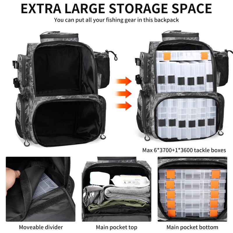 Rabjen Fishing Tackle Backpack with Rod Holders, Bottle Holder, Storage Bag Store Fishing Gear - Image 3